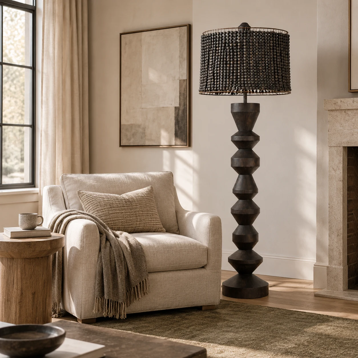 Dark wood beaded floor lamp in a living room