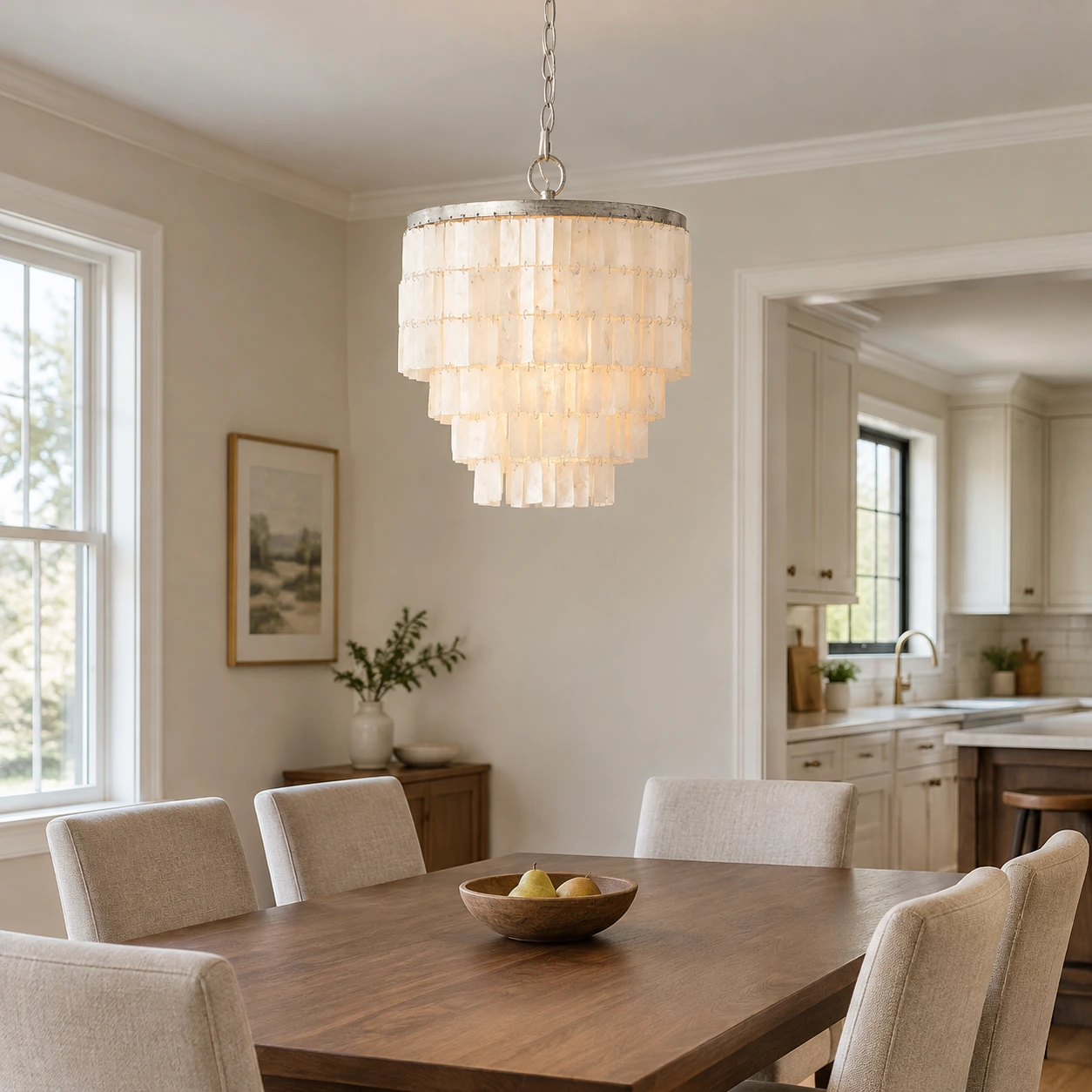 Avery Tiered Iron Shell Chandelier — Tiered iron shell chandelier above a dining table