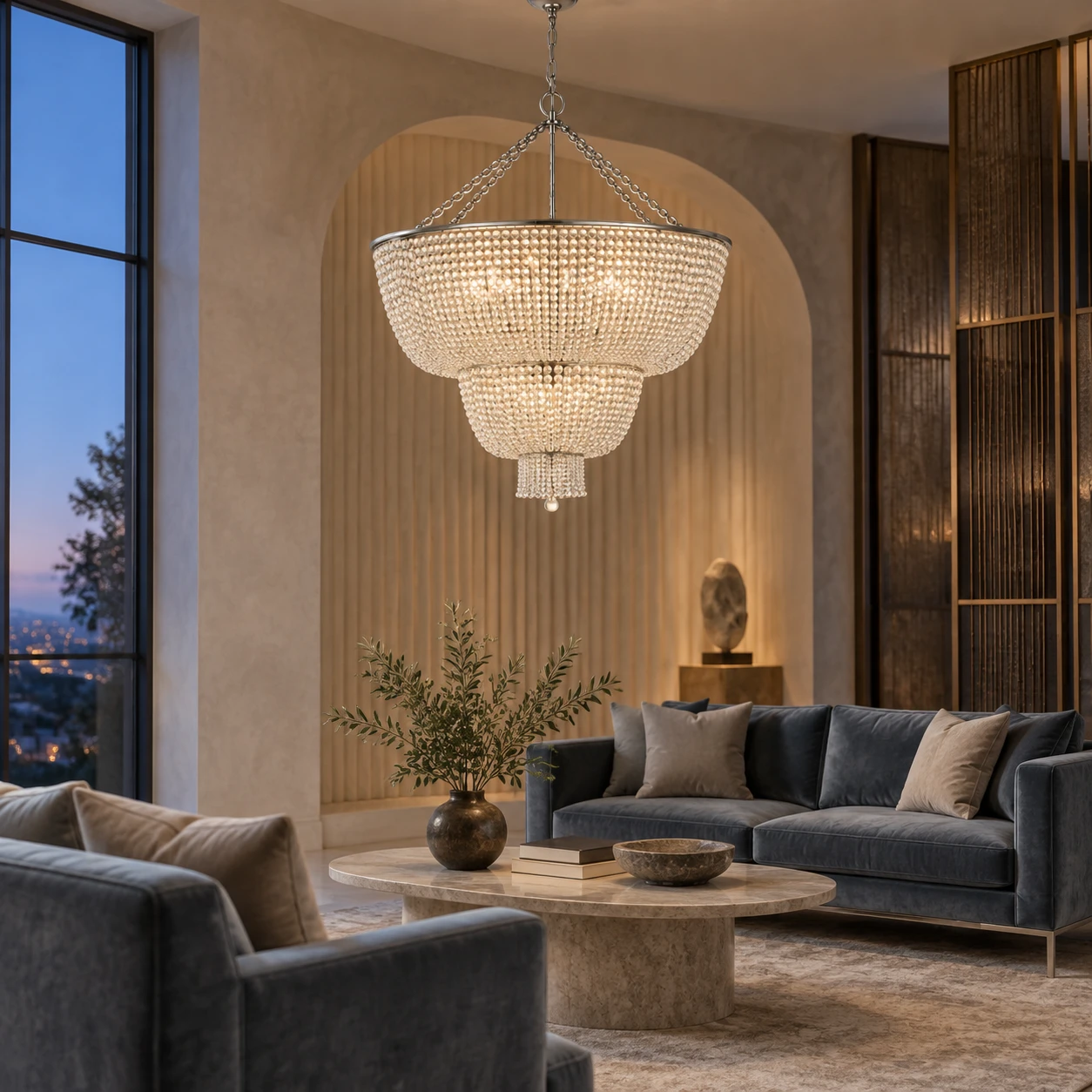 12-light clear bead chandelier in a hotel lounge
