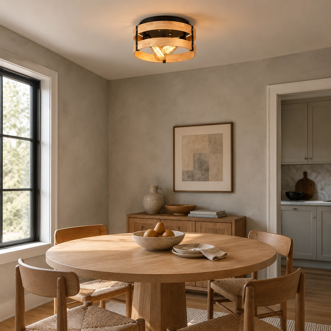 Natural wood round ceiling light above a breakfast nook