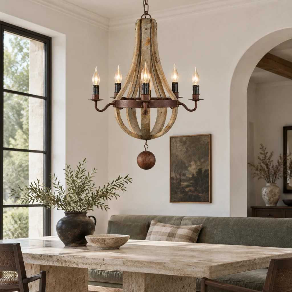 Elowen five-light chandelier in a mineral-white gallery dining space