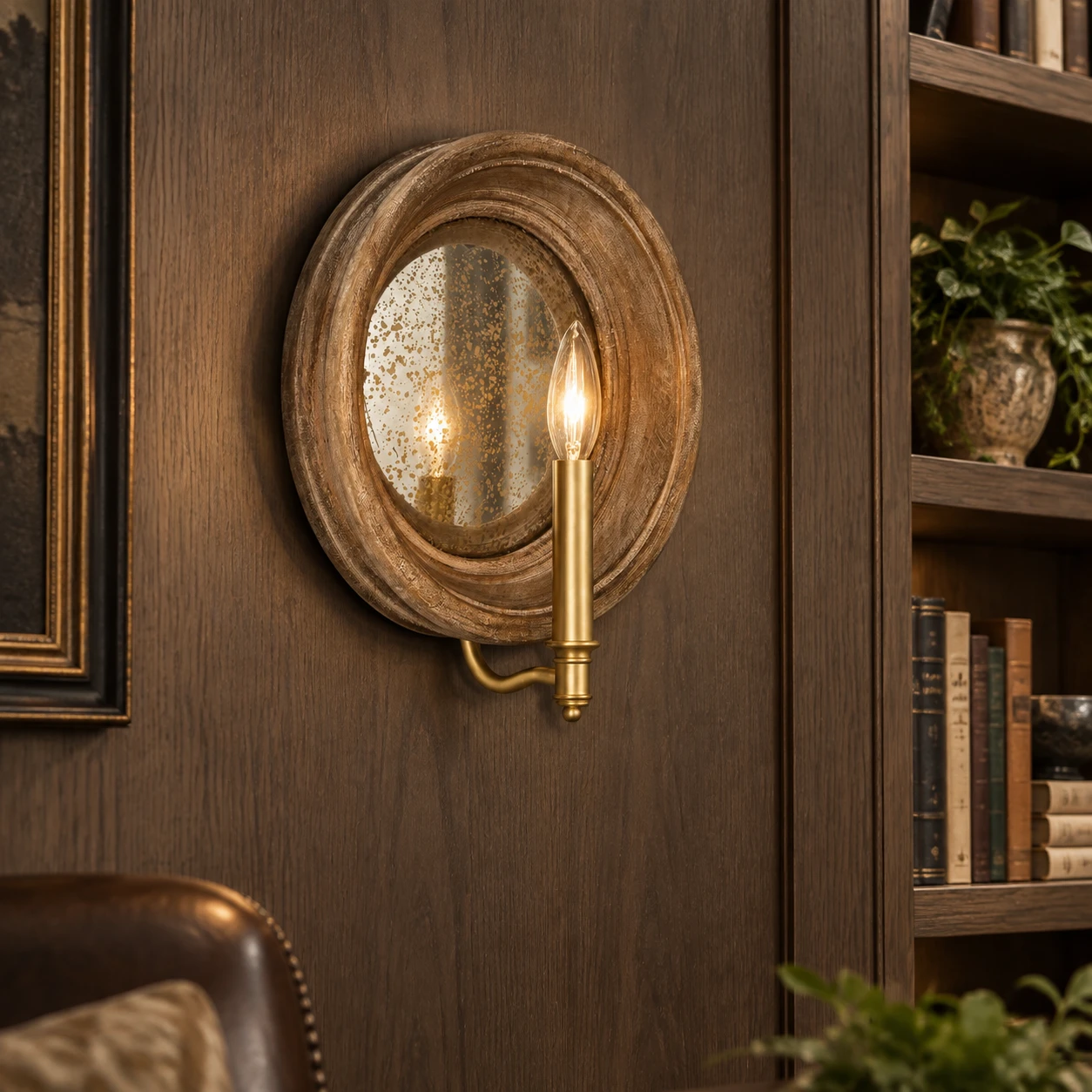 Carved wood mirror wall sconce on library paneling