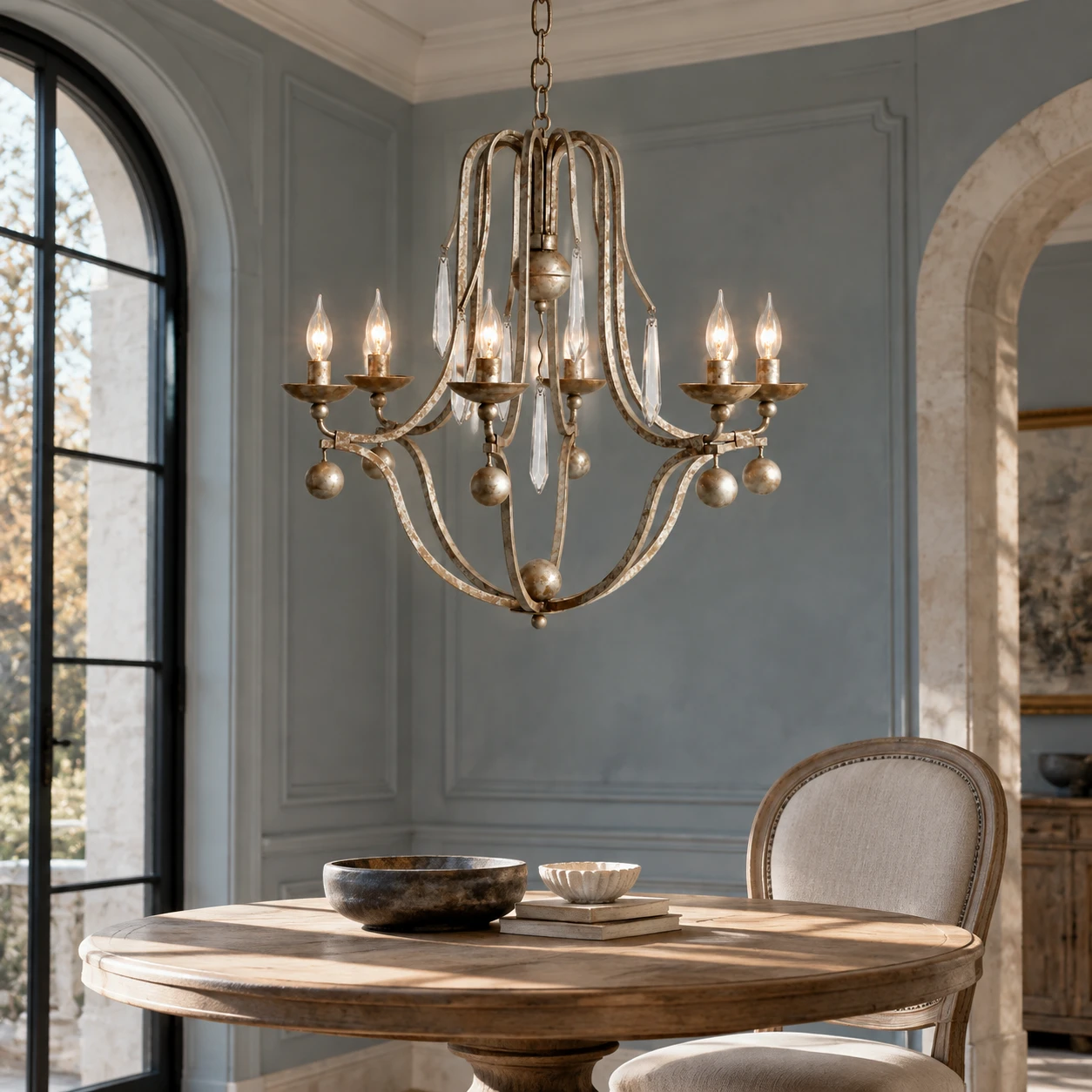 Distressed Iron Chandelier in 6-Light boutique hotel · dusty blue-grey mineral walls