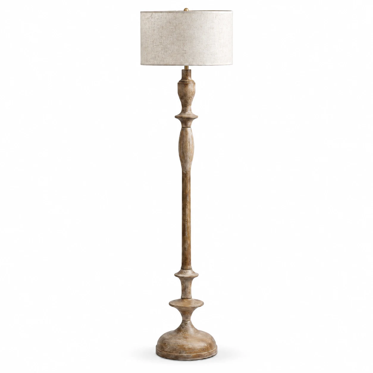 Camille antique-finish turned-wood linen floor lamp on a white background