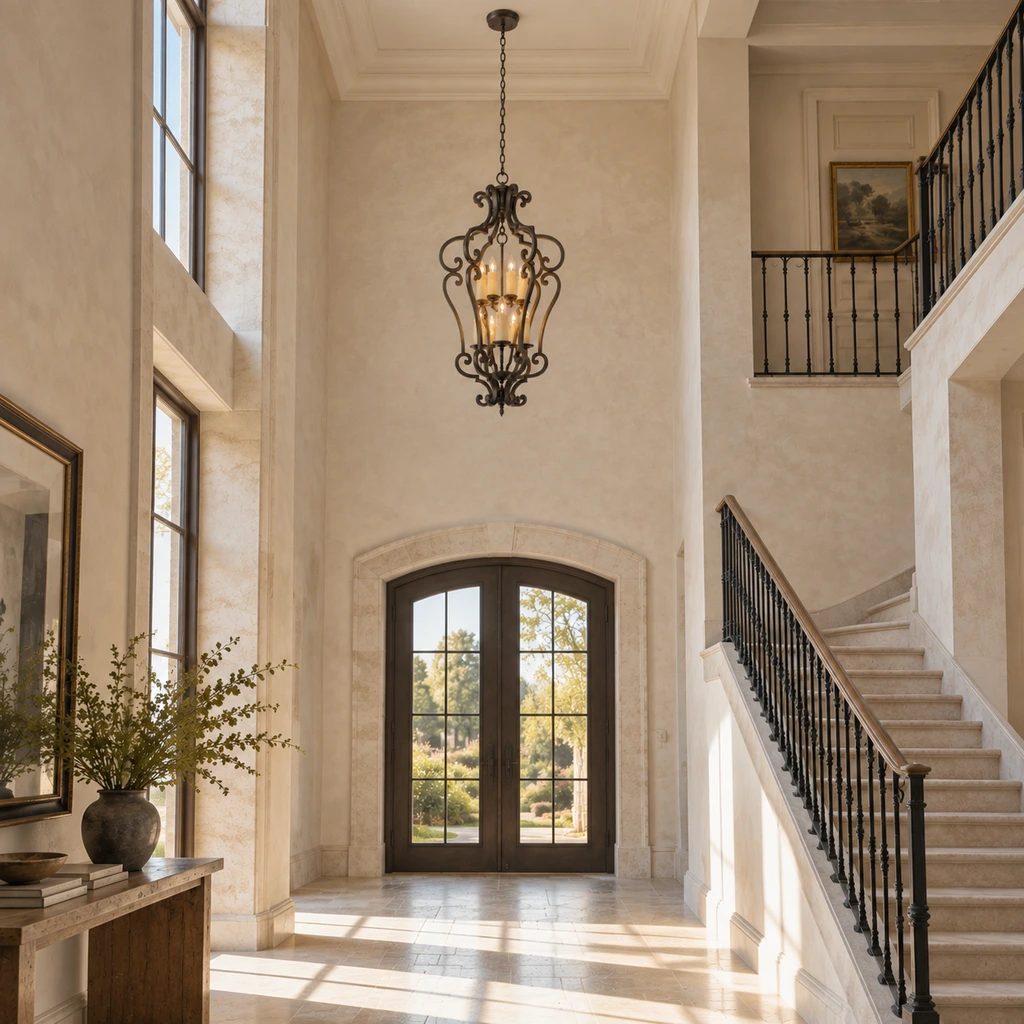 Harrow chandelier at a natural scale in a double-height foyer