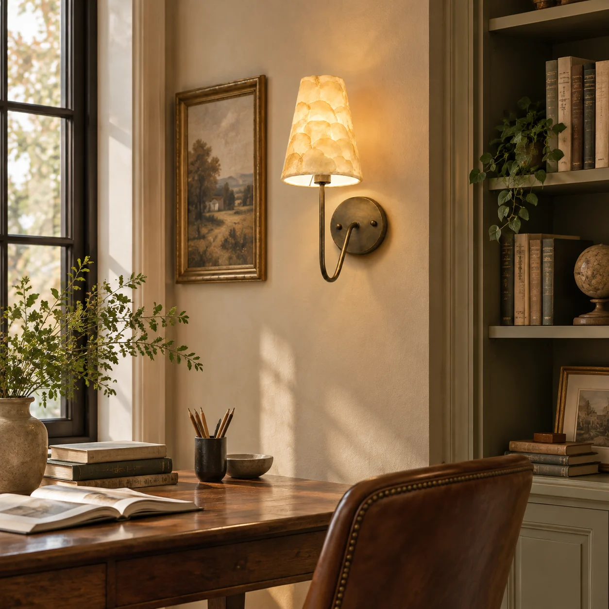 Vintage gold shell mosaic wall sconce in a home office