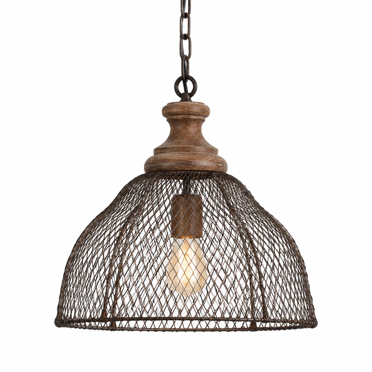 Clara Rustic Vintage Mesh Wood-and-Iron Pendant Light — 03 identity