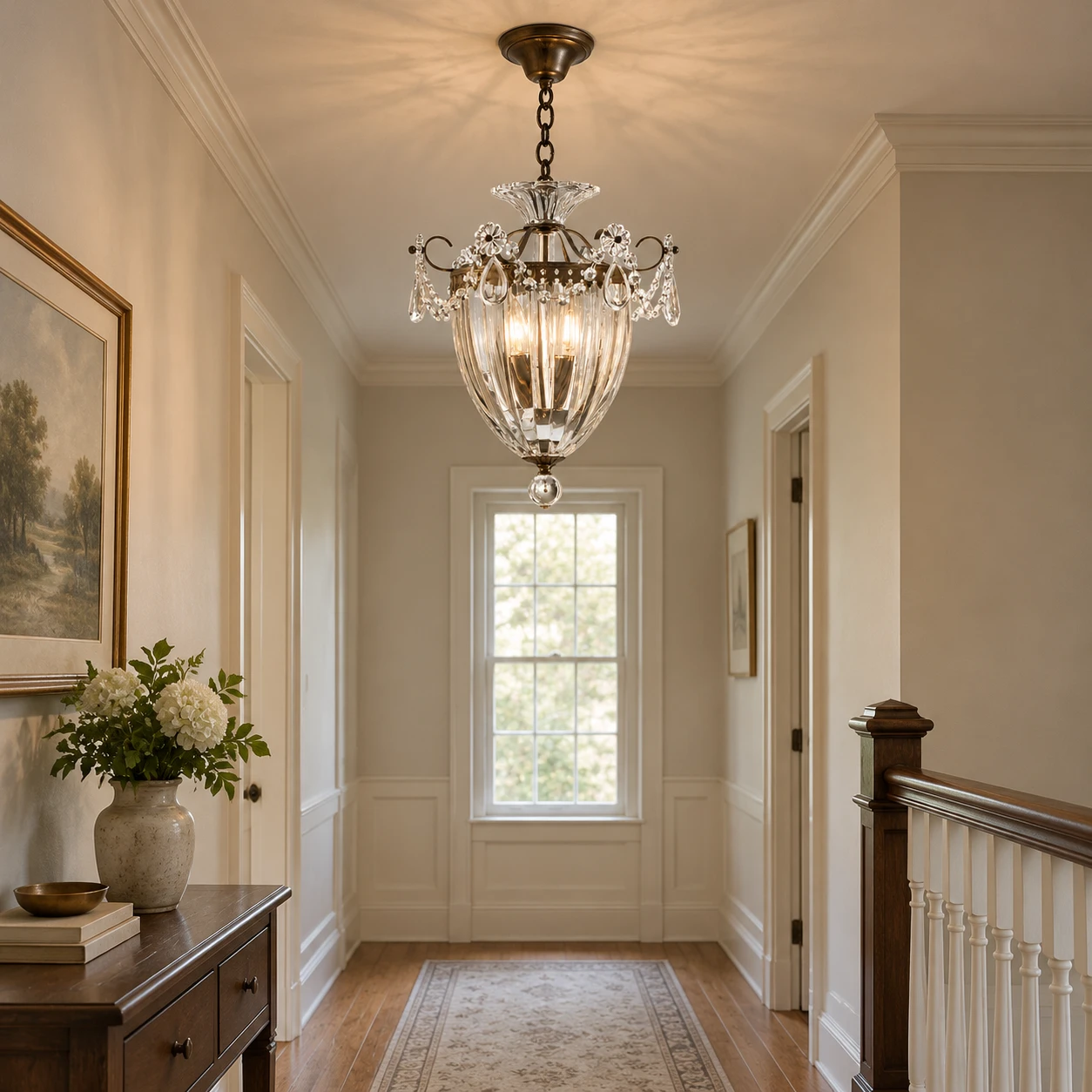 American Rustic Crystal Chandelier in a small hotel corridor or landing with credible ceiling height