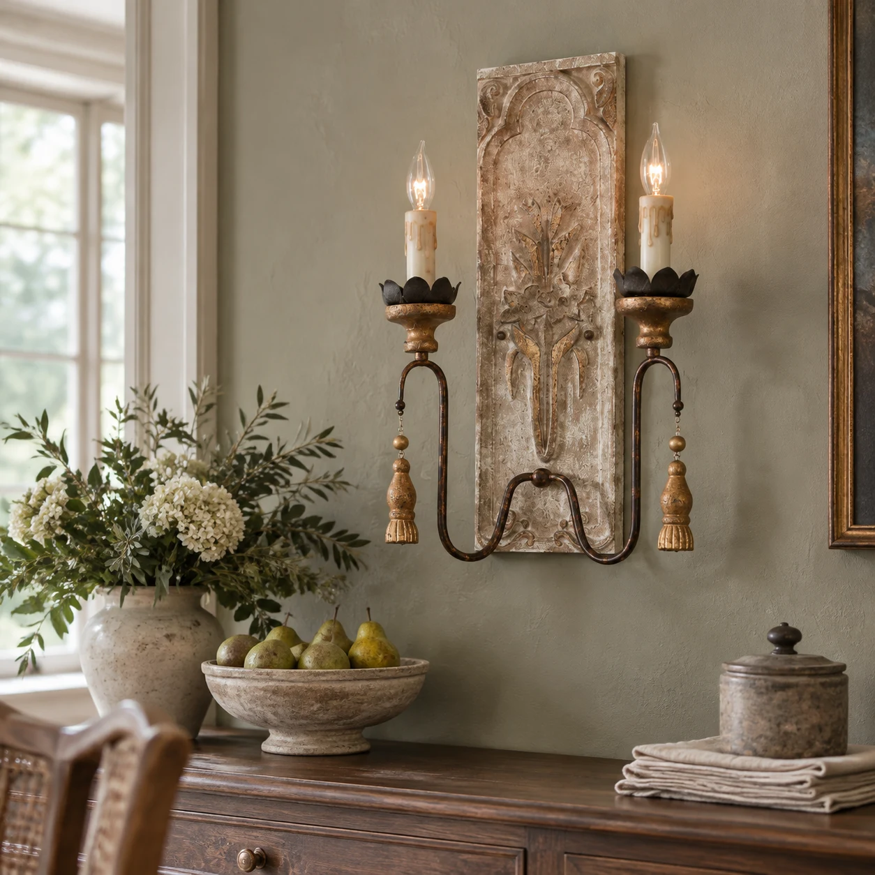 Camille French country carved-wood wall sconce in a dining sideboard