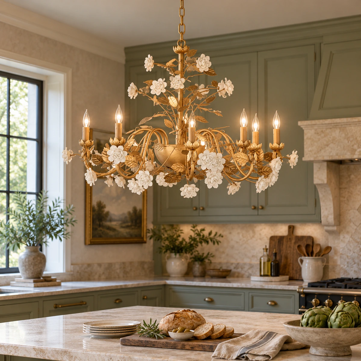 Elara floral ceramic chandelier above a limestone kitchen island