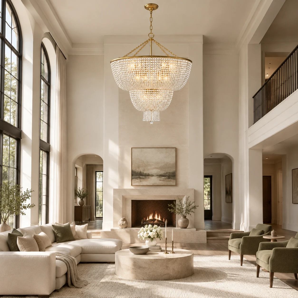 12-light clear bead chandelier in a double-height living room
