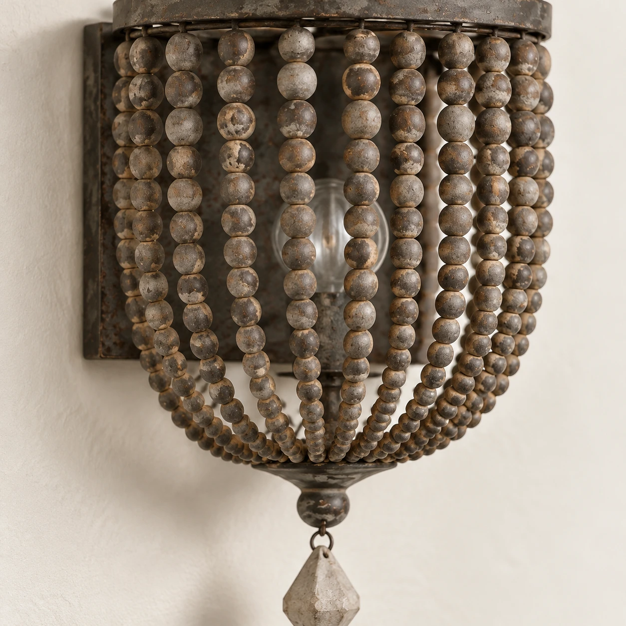 Elara Rustic Beaded Drop Iron Wall Sconce — Wood bead and iron detail