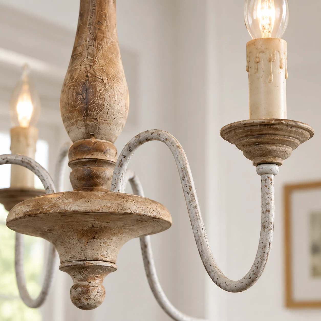 Close detail of turned wood body and curving chandelier arm