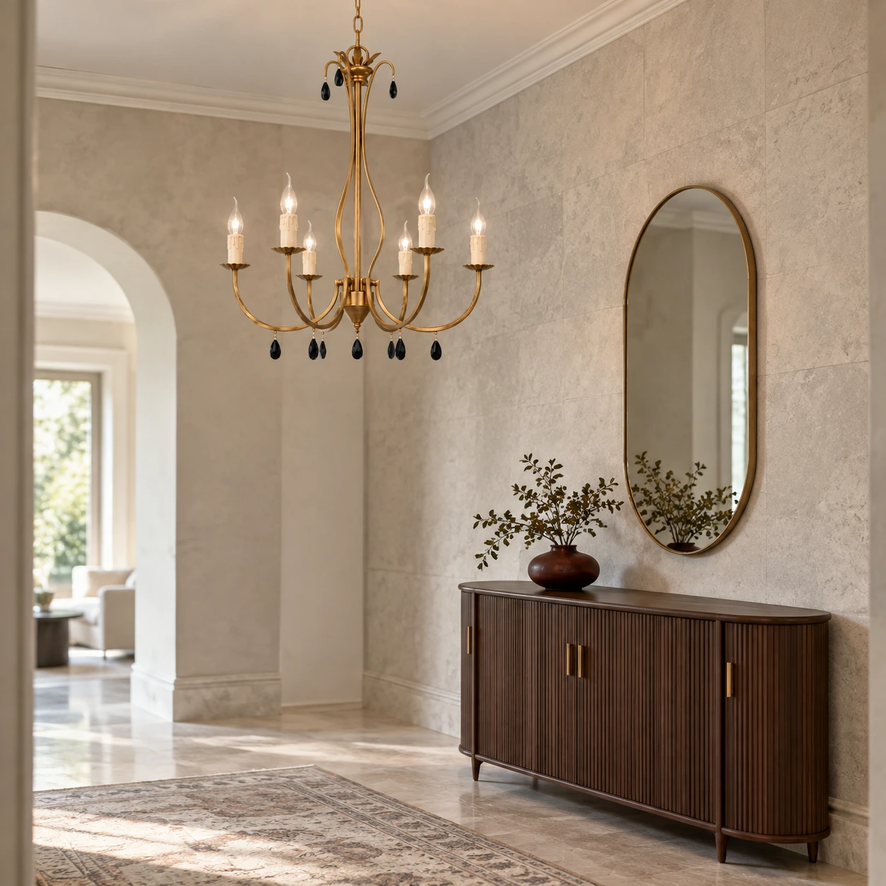 Celeste vintage gold chandelier suspended in a limestone foyer