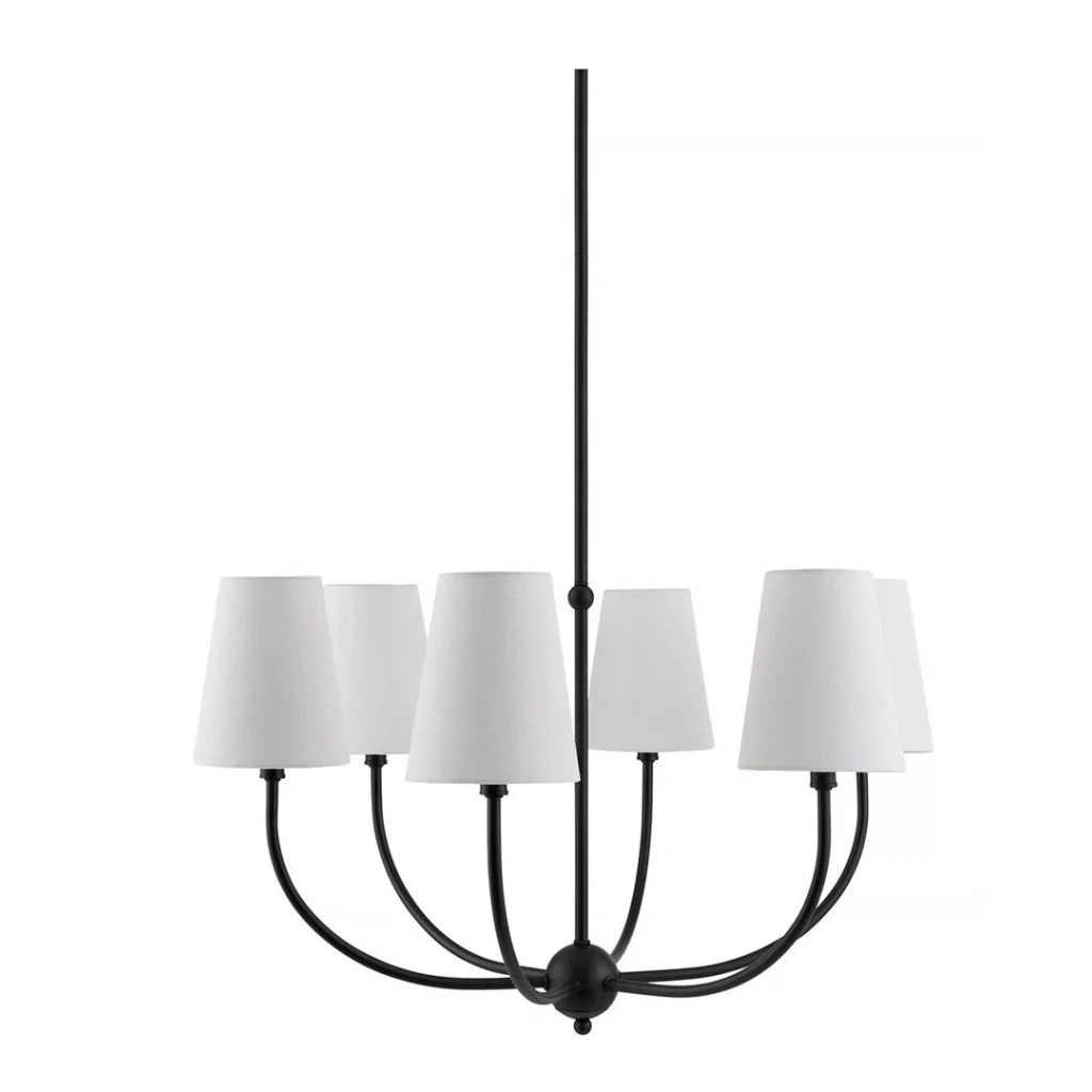 Black six-light branch chandelier with fabric shades on a white background
