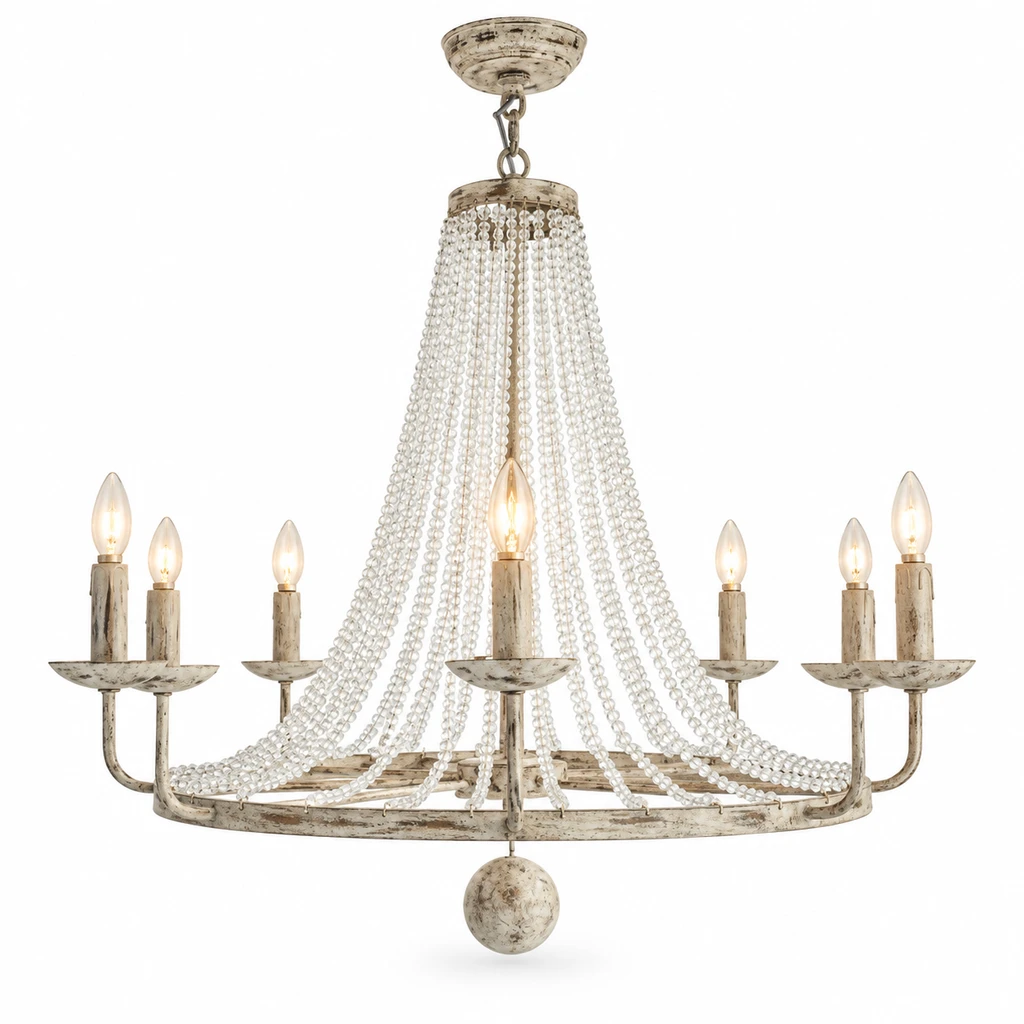 8-light French country crystal bead chandelier on white