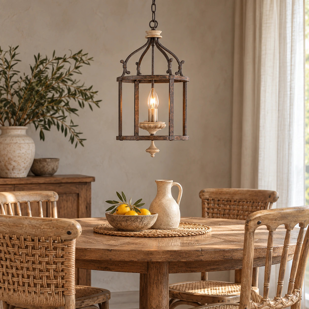 Clara Rustic Vintage Mesh Wood-and-Iron Pendant Light — 05 scene dining
