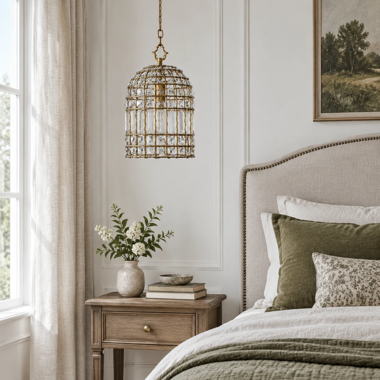 Clara crystal cage pendant in a bedroom corner