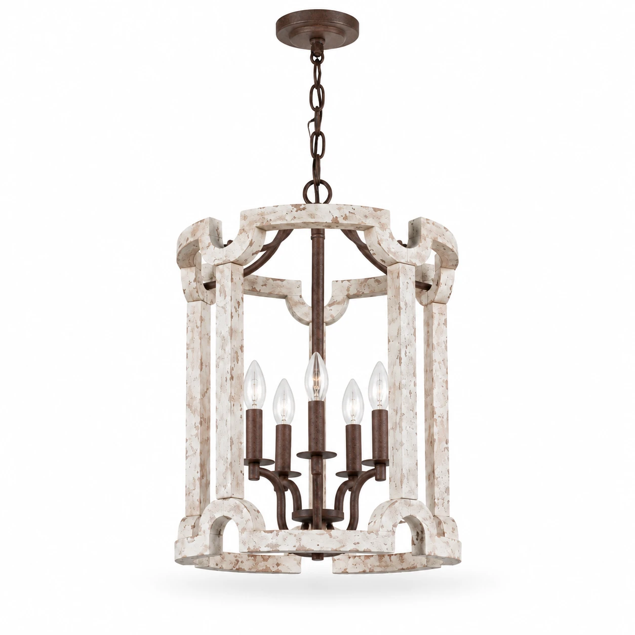 Side-angle view of carved wood birdcage chandelier on white