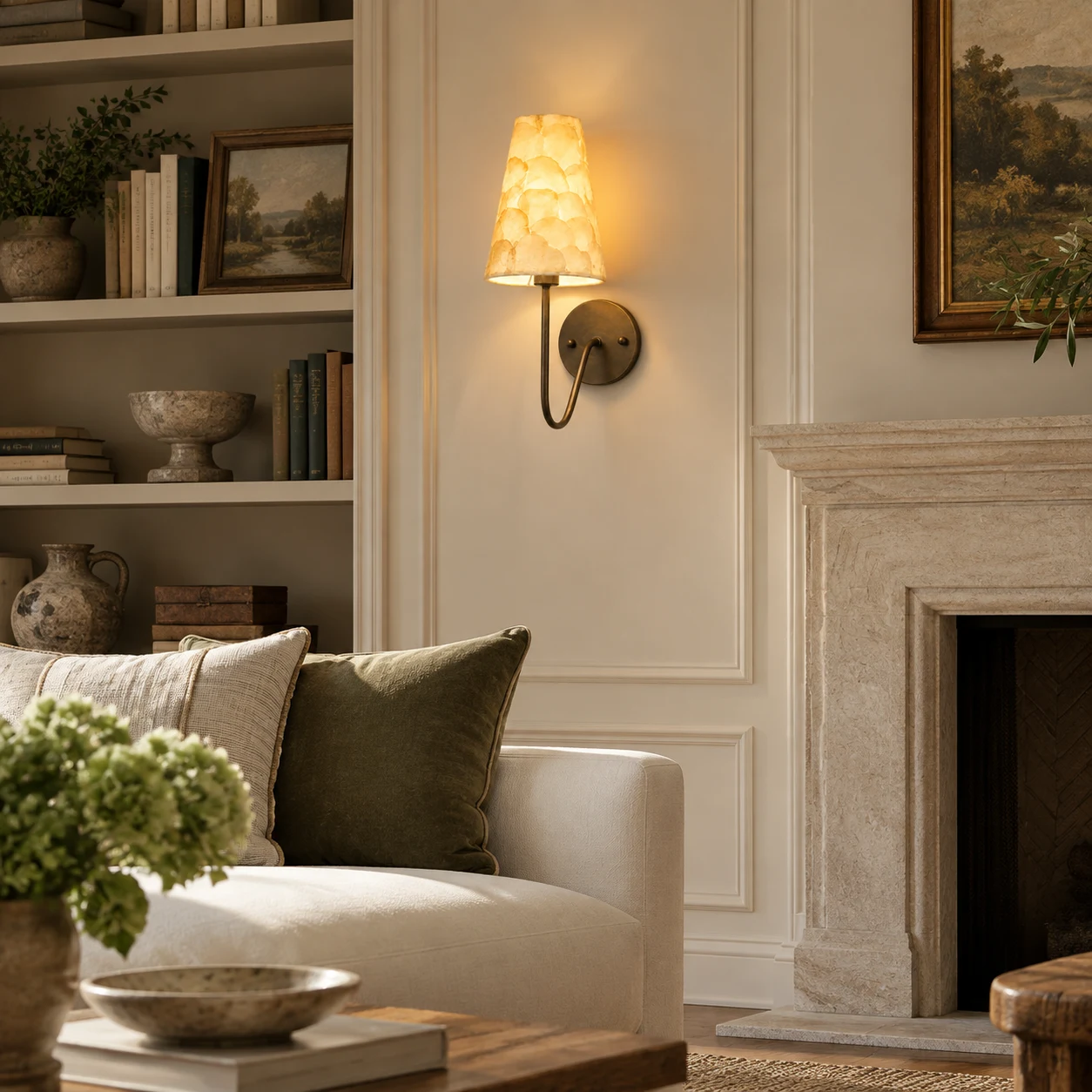 Vintage gold shell mosaic wall sconce in a living room