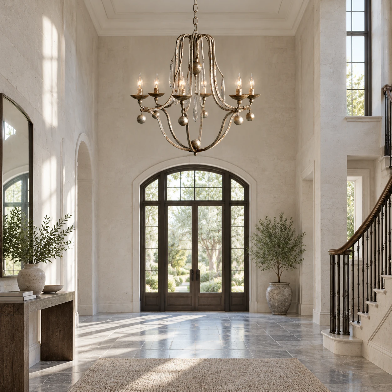 Distressed Iron Chandelier in 6-Light double-height foyer · grey stone and daylight