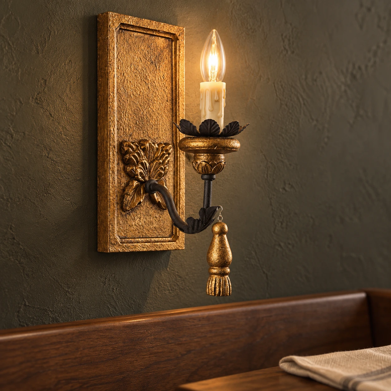 Elena Vintage Carved Wood Wall Sconce — 04 scene dining
