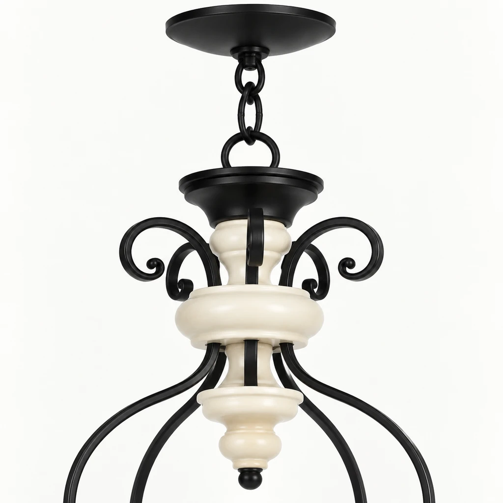 Close detail of canopy, chain and cream finial