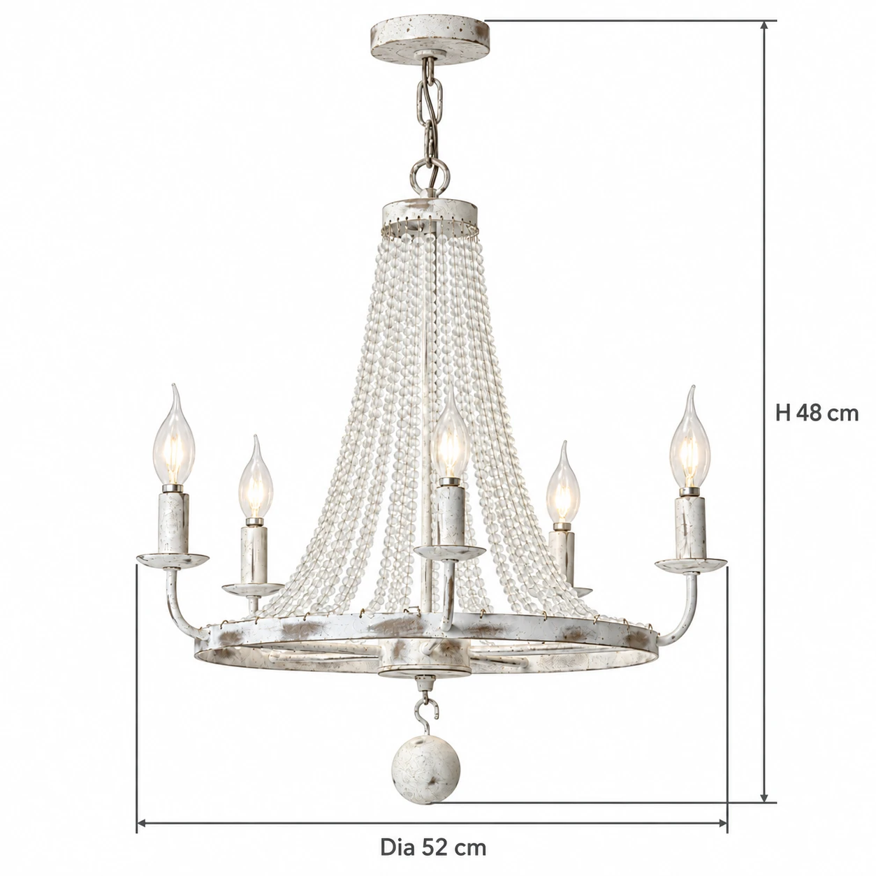 5-light chandelier dimensions: 48 cm high and 52 cm diameter
