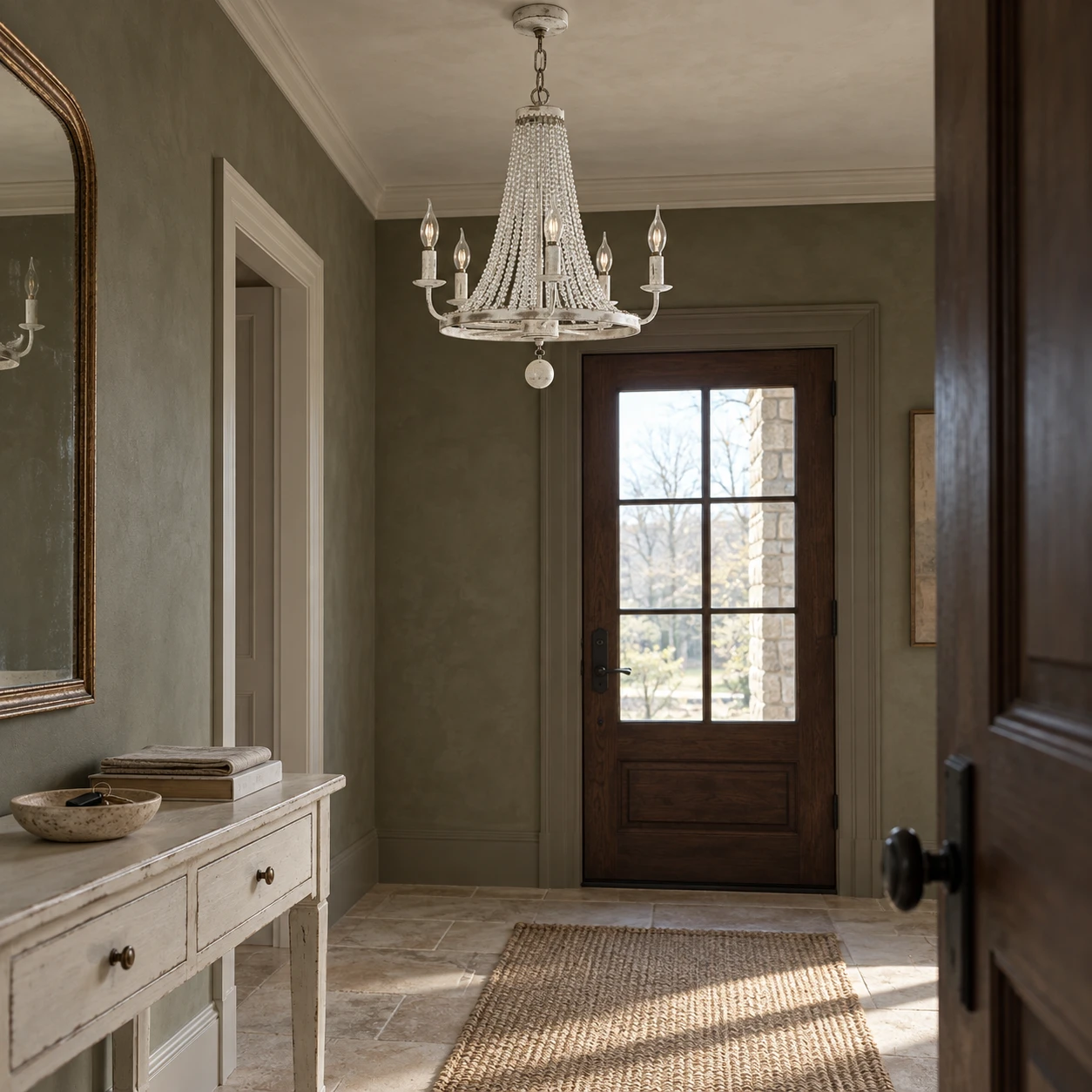 5-light French country crystal bead chandelier in an entry hall