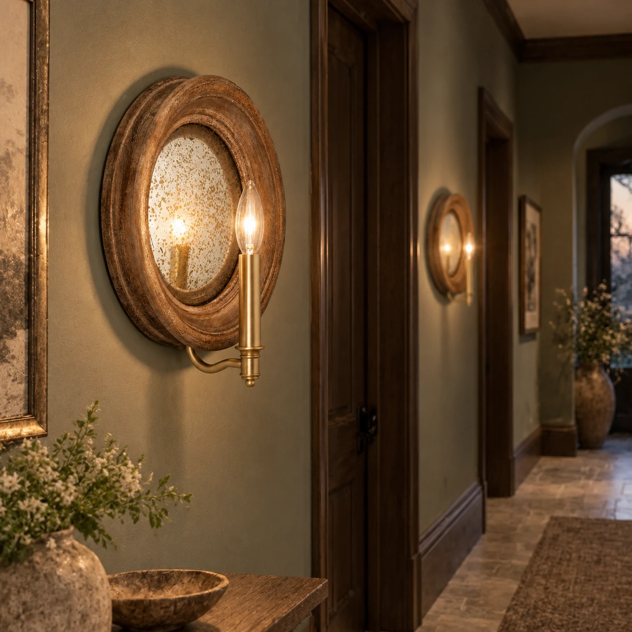 Pair of carved wood mirror wall sconces in a hallway
