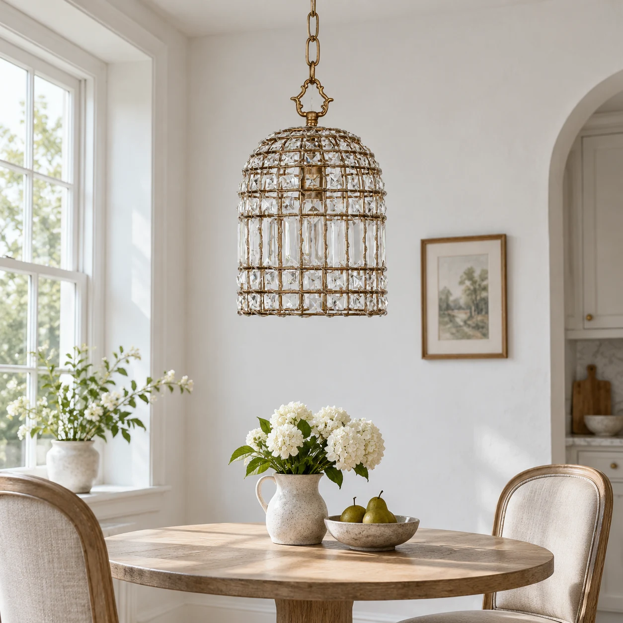 Clara crystal cage pendant in a breakfast nook