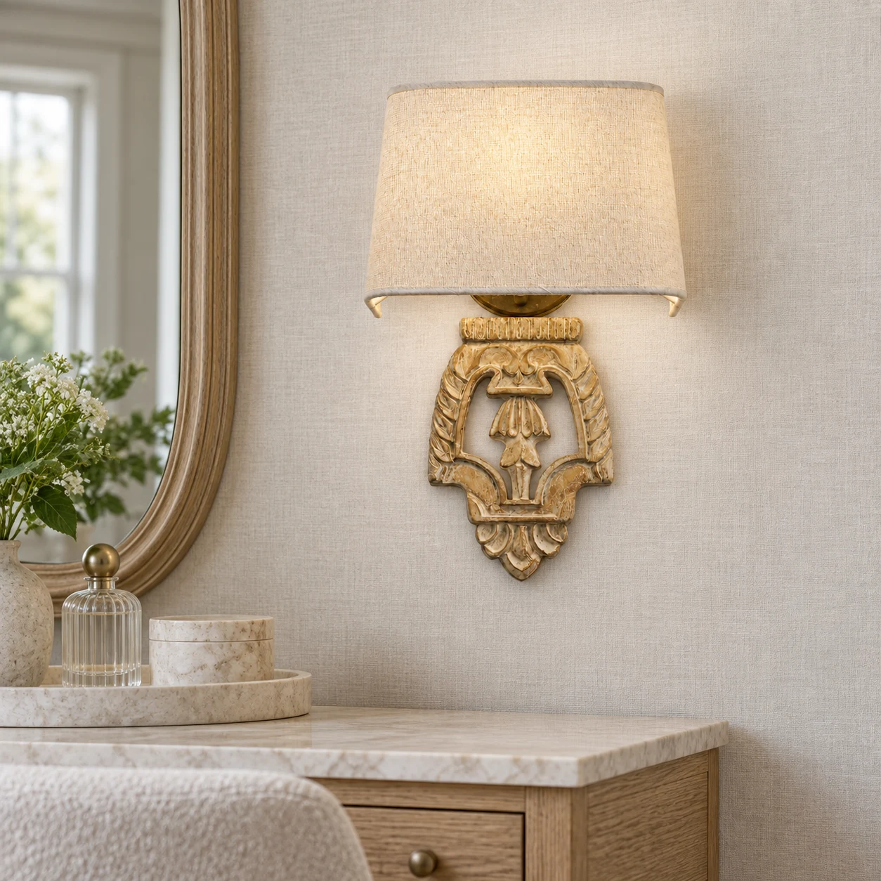 Amelie French country wall sconce beside a residential vanity