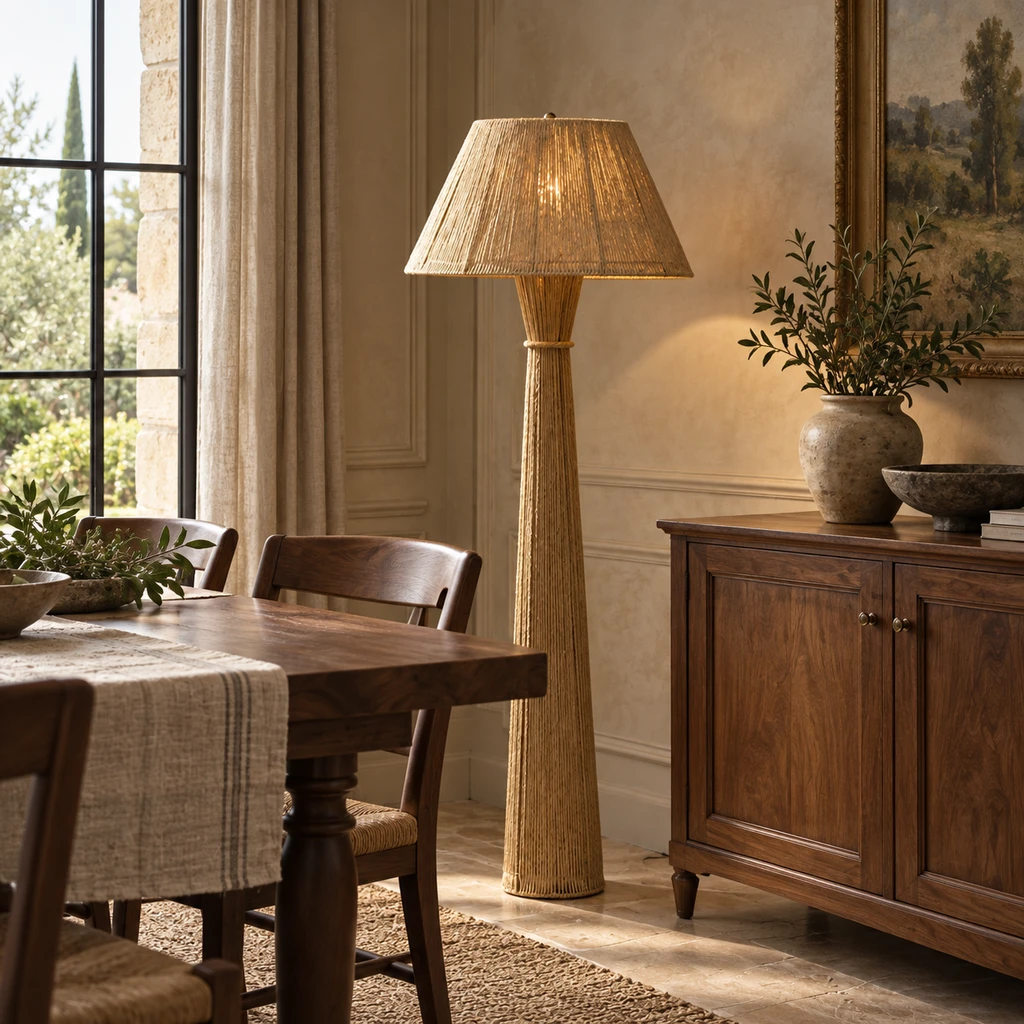 Dahlia woven floor lamp beside a French vintage dining room