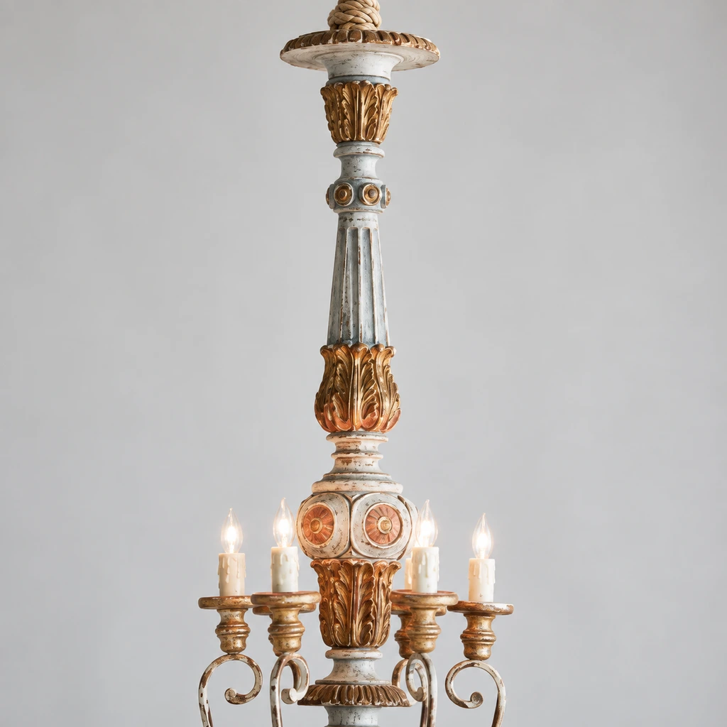 Close detail of the upper carved wood column and antique-gold accents
