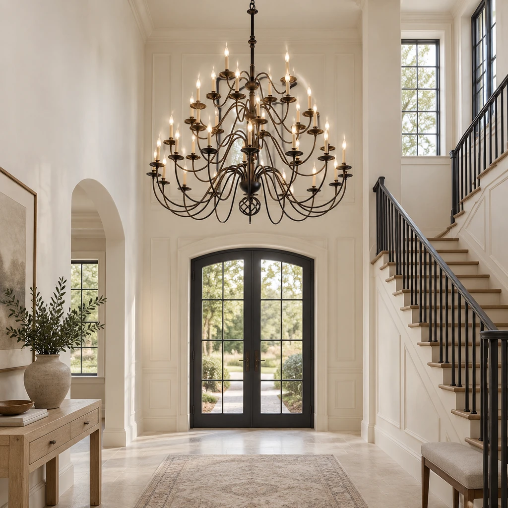 Castello chandelier in a limestone foyer