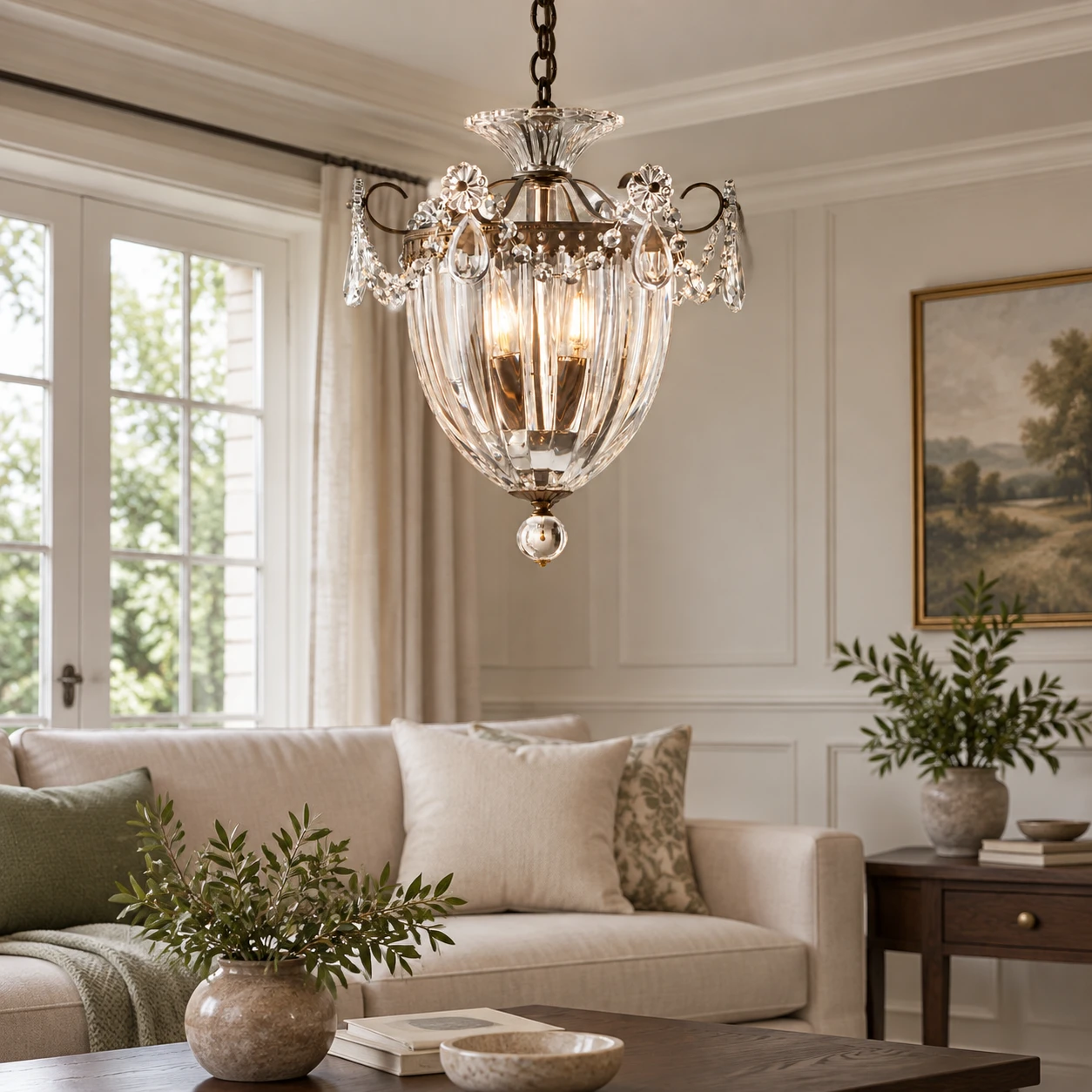 American Rustic Crystal Chandelier in a living room with an upholstered sofa and dark oak side table