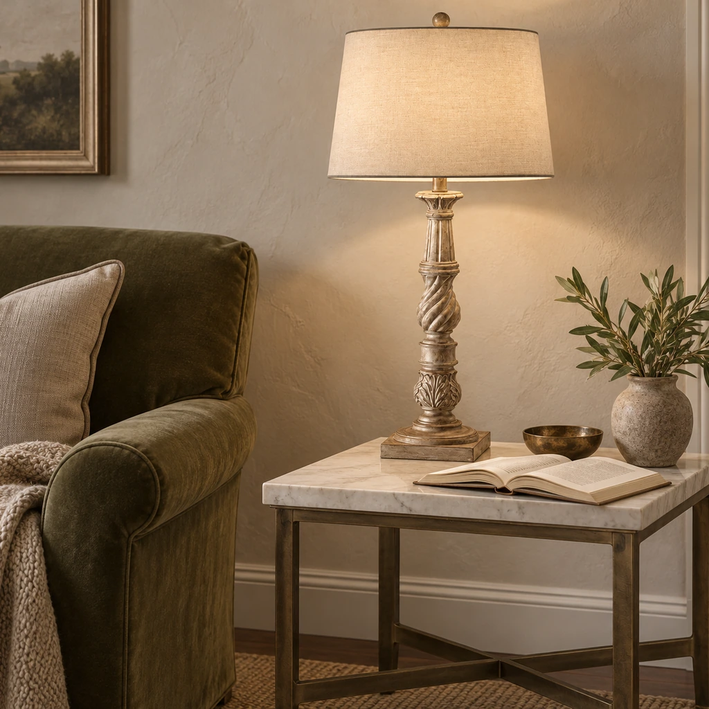 Elowen table lamp softly illuminated beside a reading chair