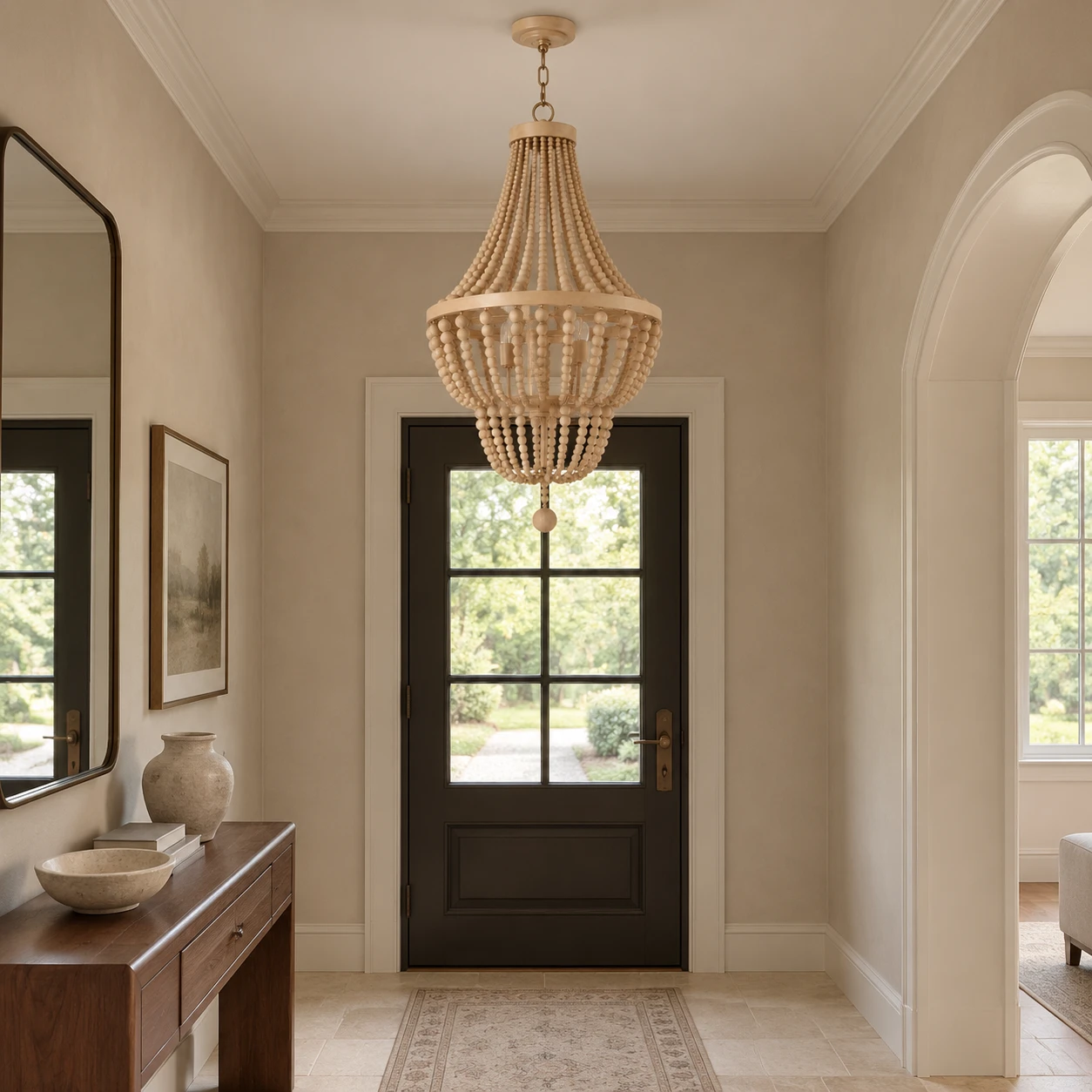 Large wood-bead chandelier in an entry hall with a stone floor