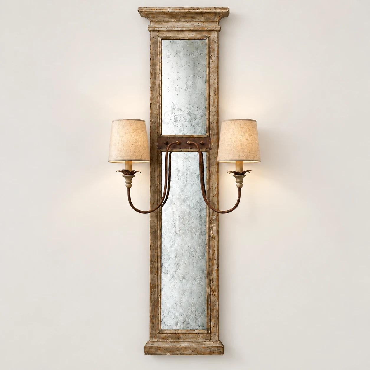 Close view of the Marlow curved arms and two fabric shades