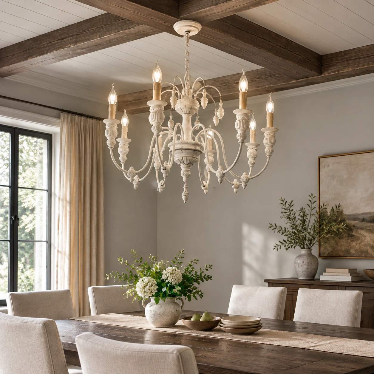 Maribel Rustic Carved Wood-Look Chandelier — medium-wide vintage white scene