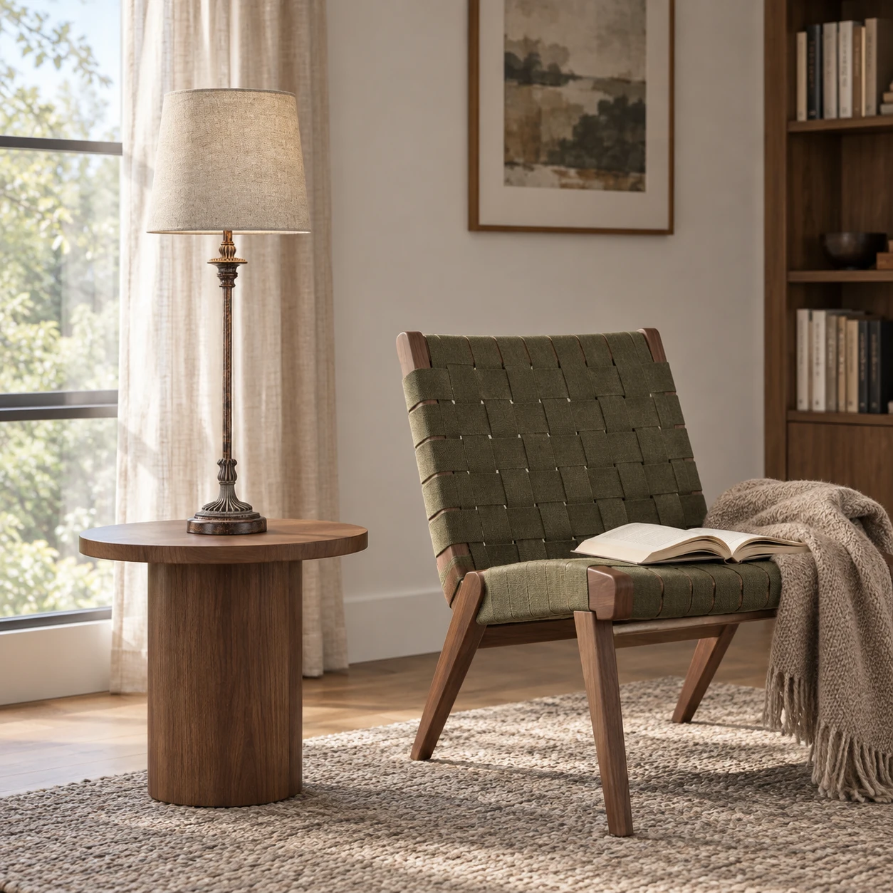 Tall carved wood table lamp in a living room reading corner