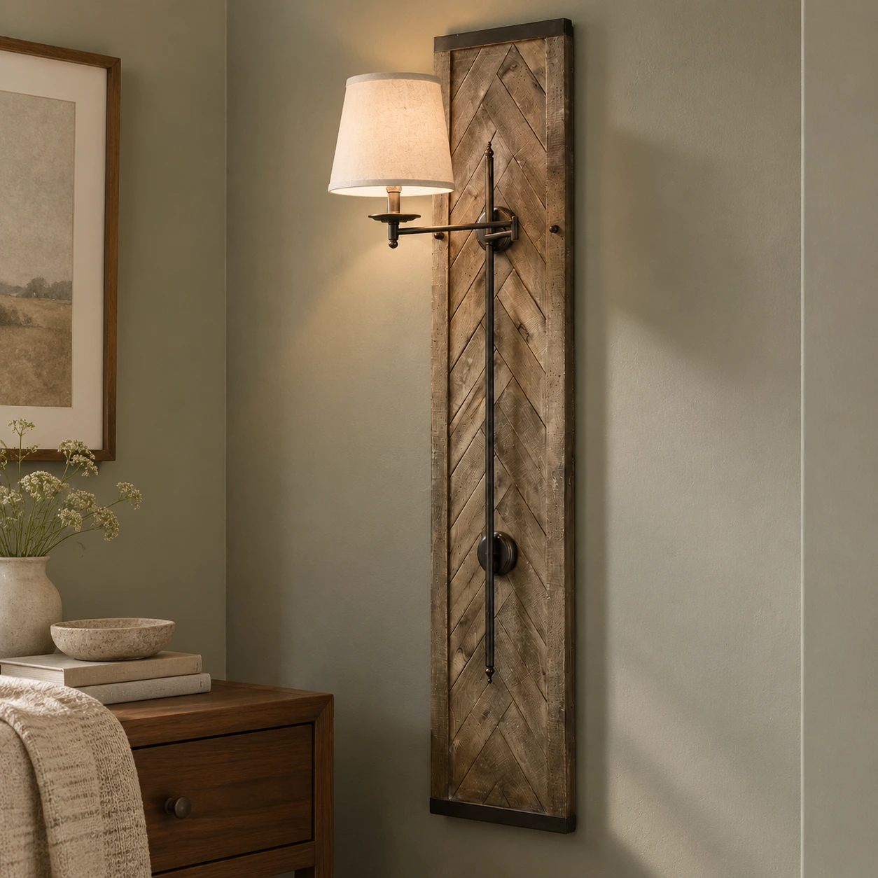 Mara Vintage Chevron Wood Wall Sconce — 02 scene bedroom
