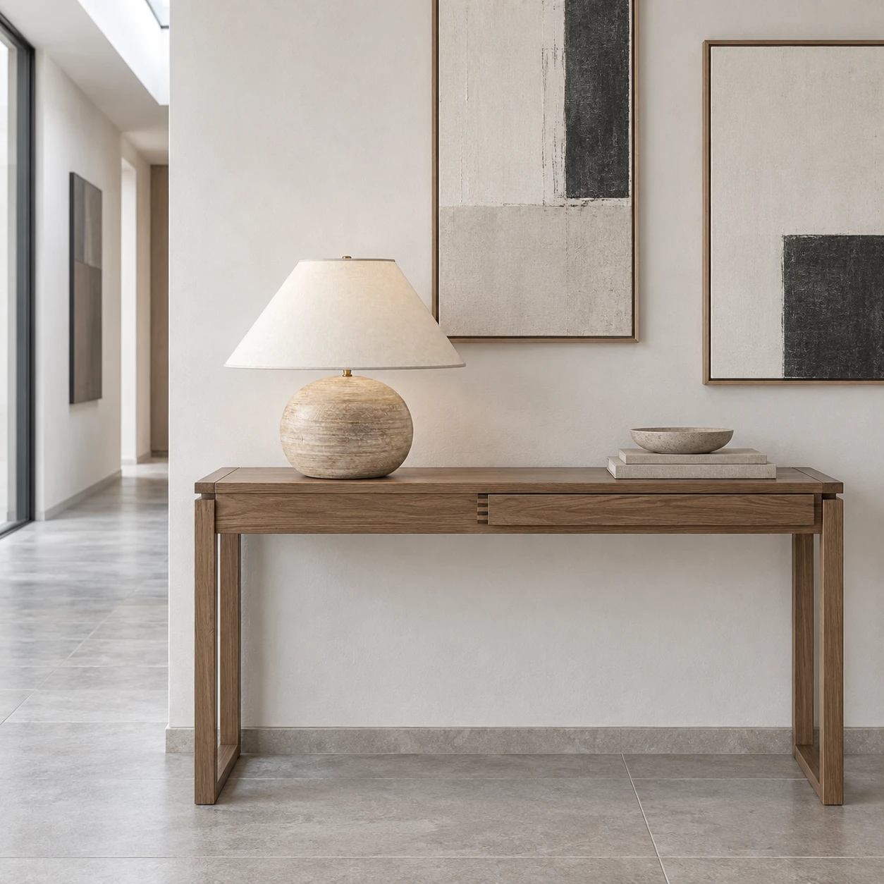 Gallery console with the distressed wood table lamp