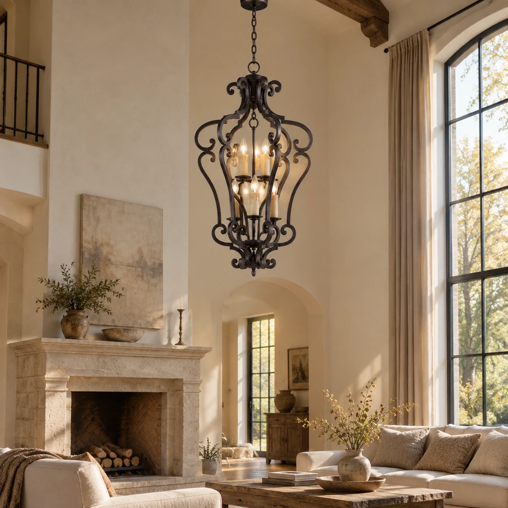 Harrow chandelier in a double-height living room