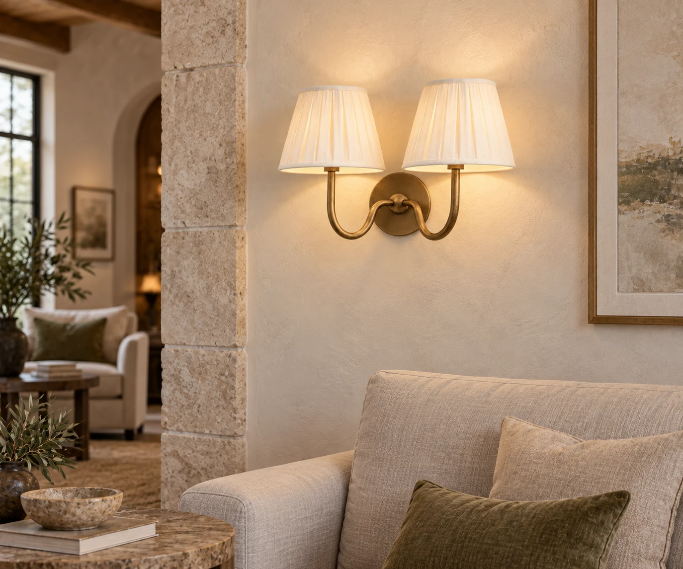 American Rustic Fabric Light in a boutique hospitality lounge with stone, linen and restrained lighting