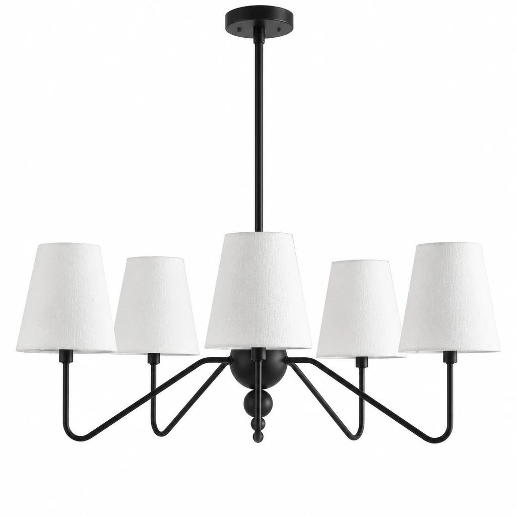 Black fabric shade branch chandelier on a white background
