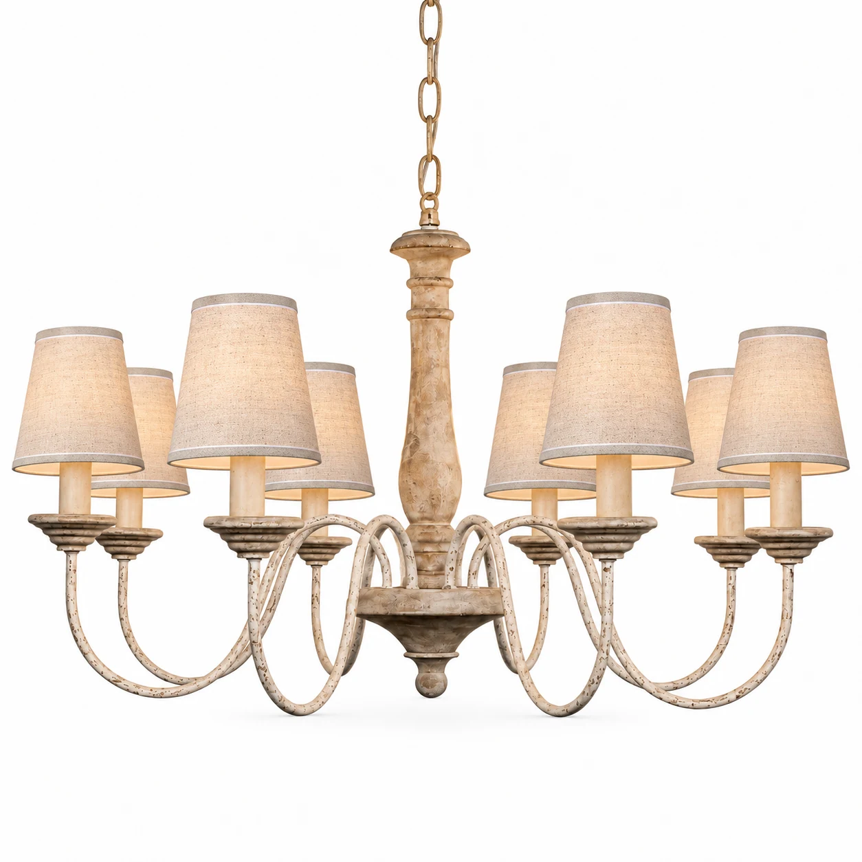 A · 8 Lights · Natural Wood · Linen Shades wood chandelier on a white background
