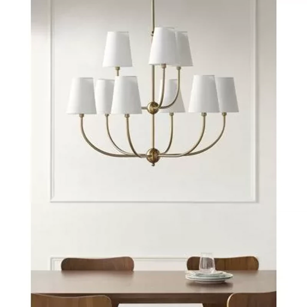 Gold nine-light branch chandelier with fabric shades on a white background