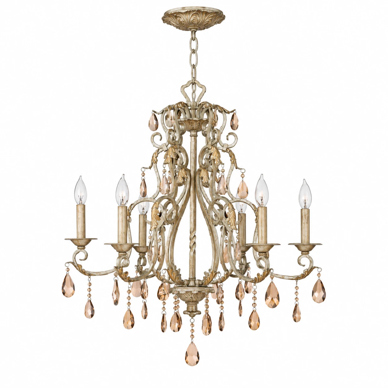 Eliza vintage iron and crystal six-light chandelier on white