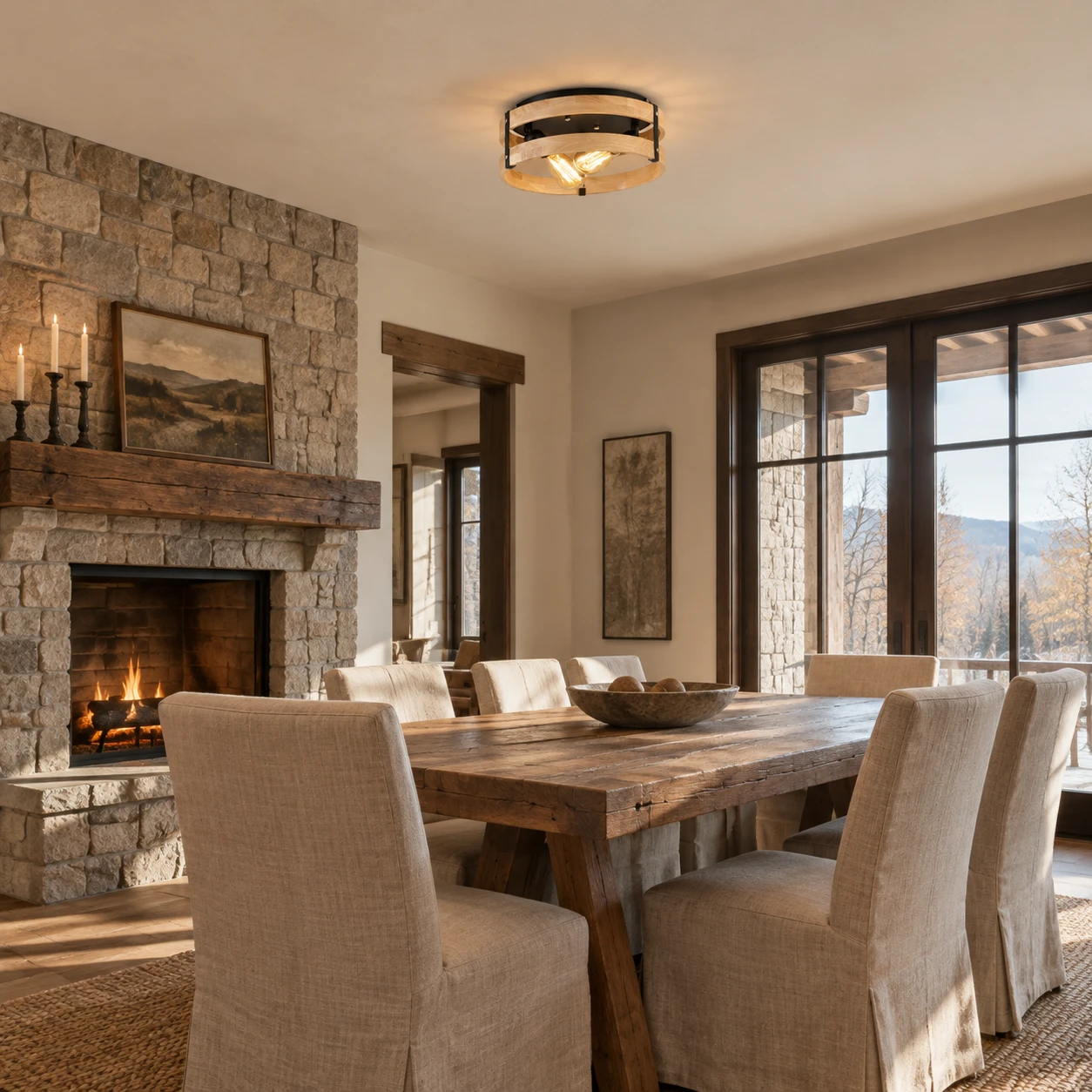 Natural wood round ceiling light in a pulled-back dining corner